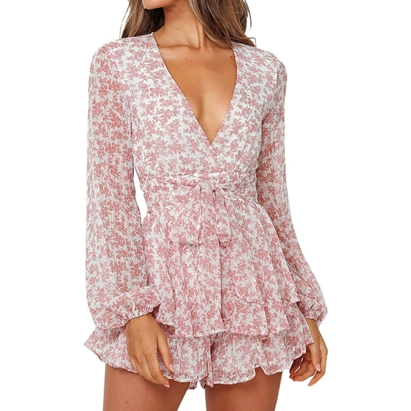 Women's Long Bubble Sleeve floral Romper jumpsuit - Picture 5 of 8